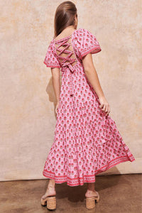 Saylor - Adeena Zinnia Block Print Midi Dress - Pink Floral